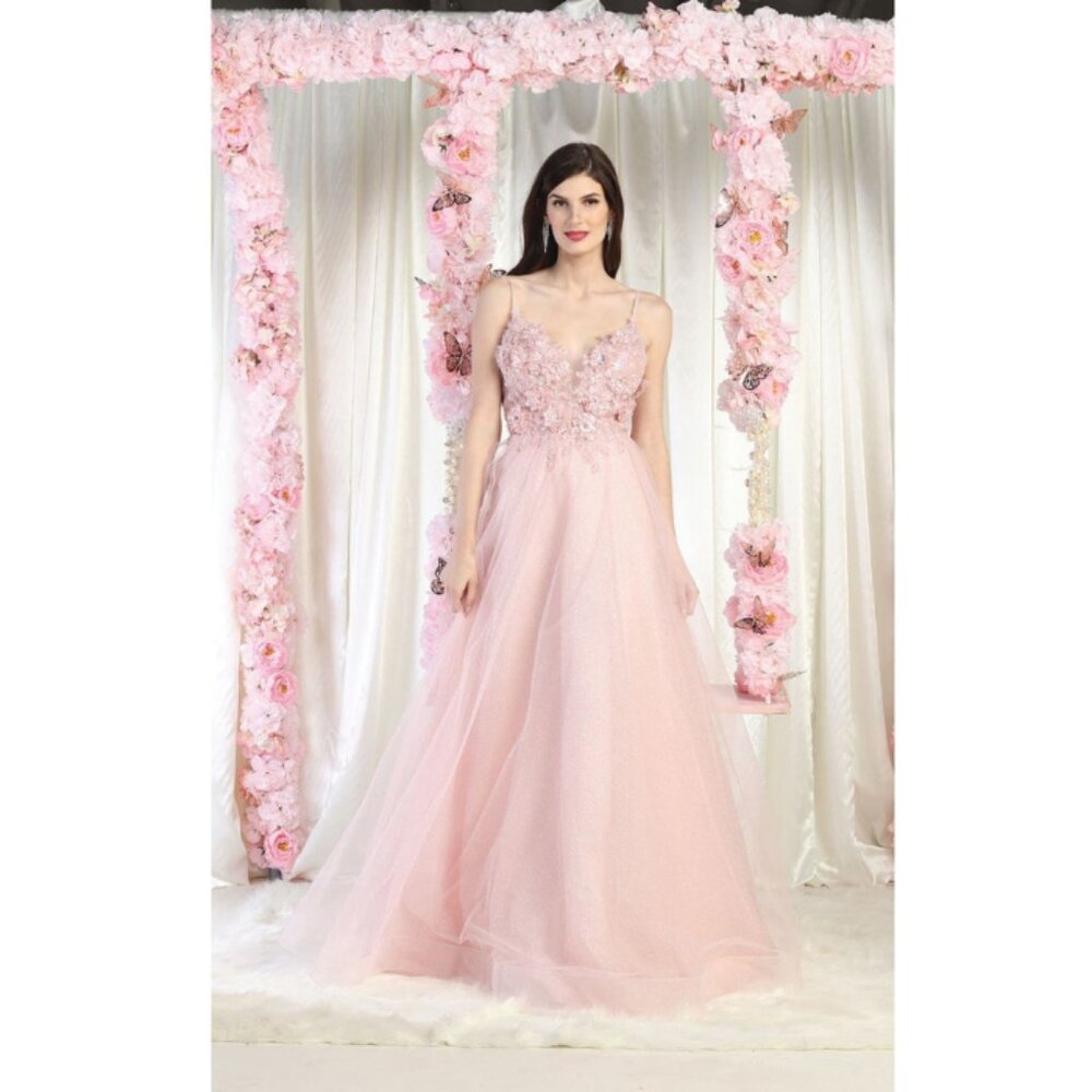 Blush Prom Plunging V-Neck Sleeveless A-Line Dress By Royal Queen RQ8024